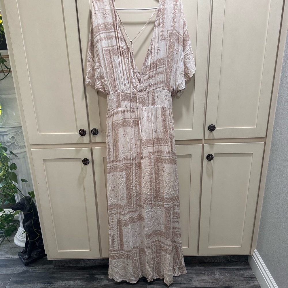 ODDY Cream and Brown Geometric Maxi Dress